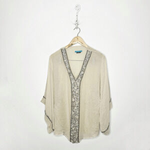 ALICE + OLIVIA Hyde Embellished Kimono Tunic beige 100% silk y2k womens small s